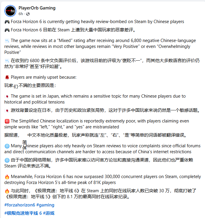 外媒指控国内玩家因日本背景恶意差评《极限竞速：地平线6》！  