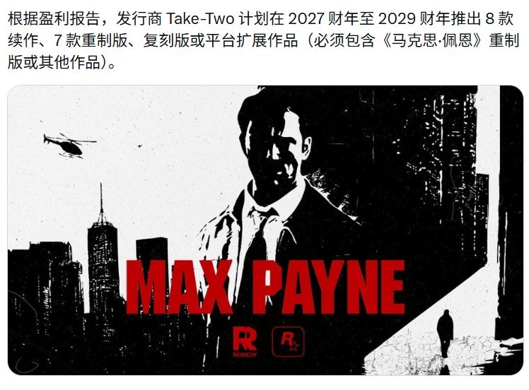 《马克思佩恩》复活！Take-Two2029年前将推出7款重制游戏 8个大型DLC