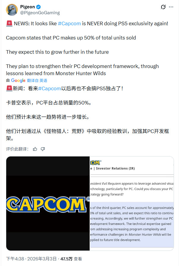 Capcom:PC平台销量占了总销量的50% 预计这一比例将继续增长